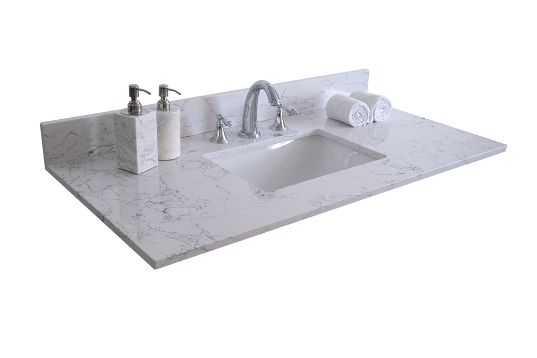 Montary 37" X 22" Bathroom Stone Vanity Top Carrara Jade Engineered Marble Color With Undermount Ceramic Sink And 3 Faucet Hole With Backsplash
