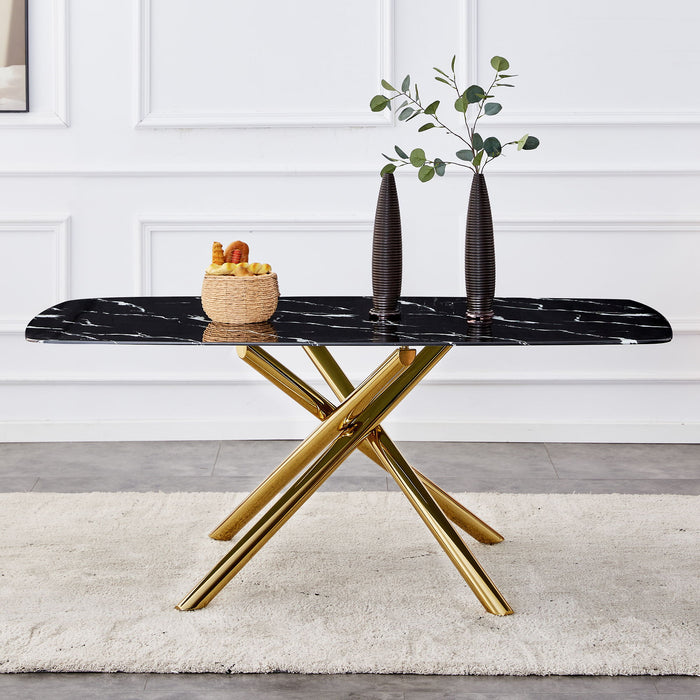 Large Modern Minimalist Rectangular Glass Dining Table Fibertempering Glass Imitation Marble Black Desktop And Golden Metal Legs, For Kitchen Dining Living Meeting Room Banquet Hall