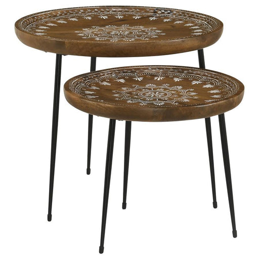 Nuala - 2 Piece Round Nesting Table With Tripod Tapered Legs - Honey And Black Unique Piece Furniture