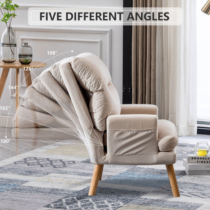 Soft Comfortable 1 Piece Accent Click Clack Chair With Ottoman Beige Fabric Upholstered Oak Finish Legs Living Room Furniture