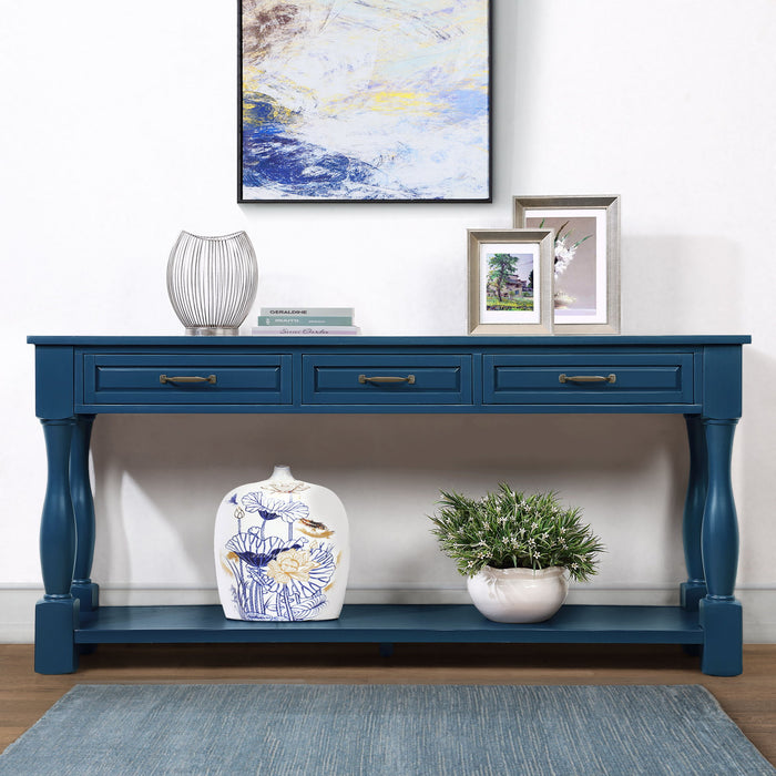 63 Inch Long Wood Console Table With 3 Drawers And 1 Bottom Shelf For Entryway Hallway Easy Assembly Extra-Thick Sofa Table (Navy Blue)