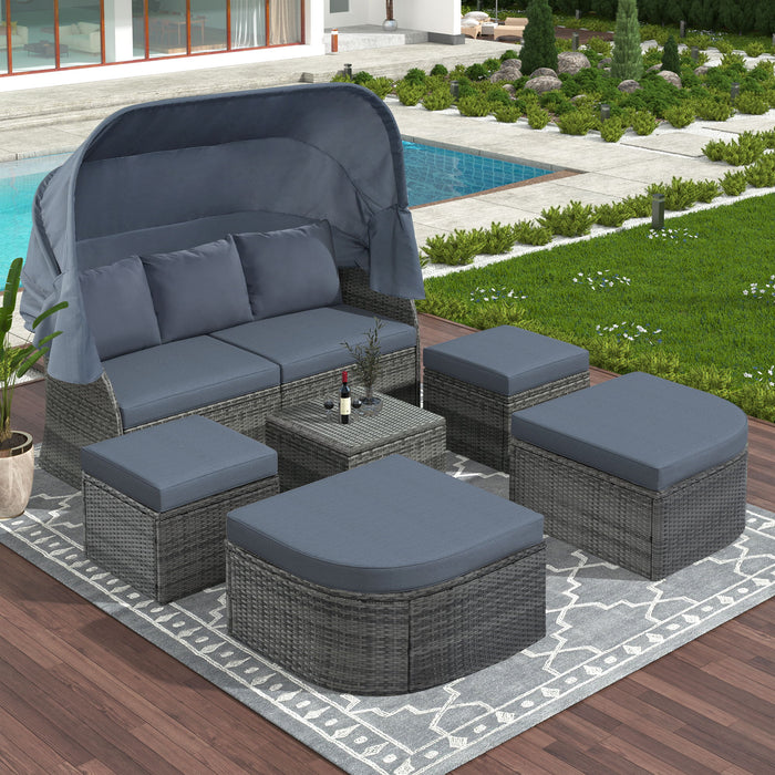 U_Style Outdoor Patio Furniture Set Daybed Sunbed With Retractable Canopy Conversation Set Wicker Furniture - Gray