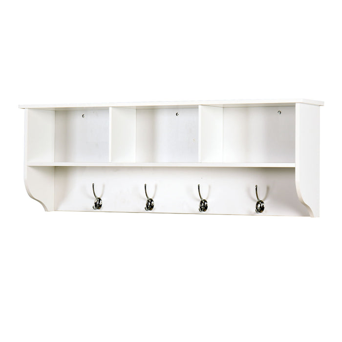 Entryway Wall Mounted Coat Rack With 4 Dual Hooks Living Room Wooden Storage Shelf - White