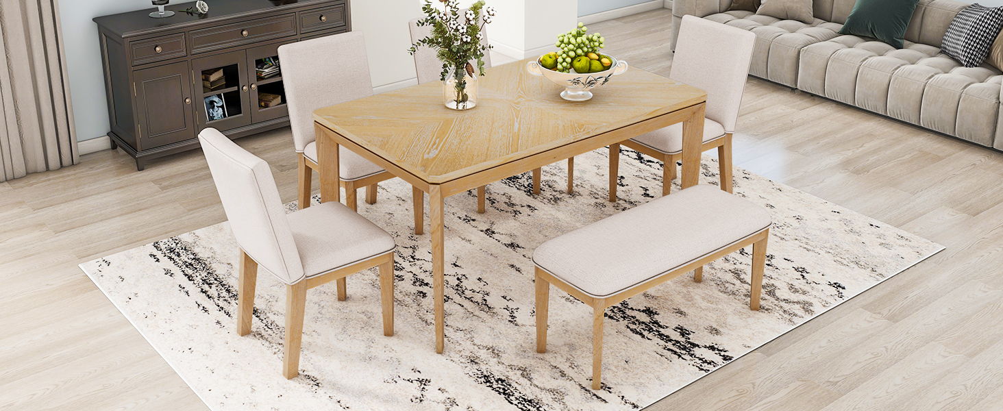 Topmax 6 Piece Dining Table Set With Upholstered Dining Chairs And Bench, Farmhouse Style, Tapered Legs, Natural / Beige