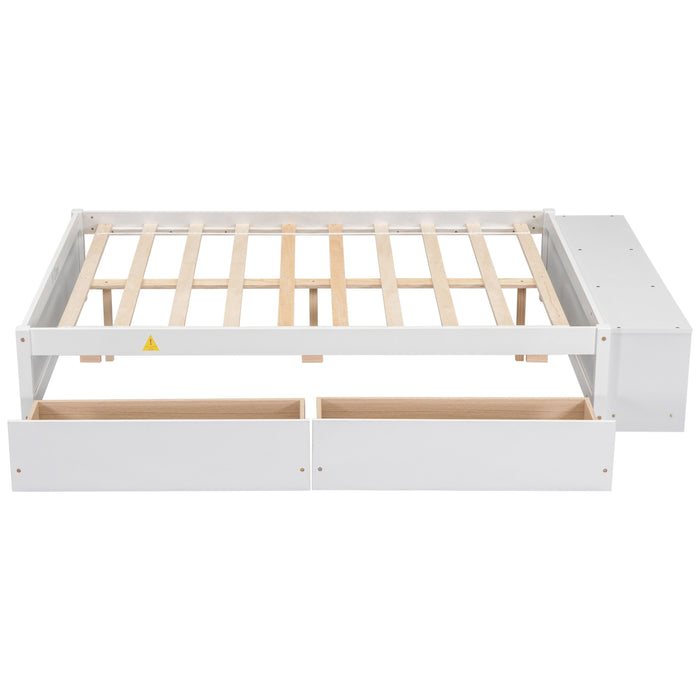 Full Size Bed With 2 Drawers And Storage Shelves, White