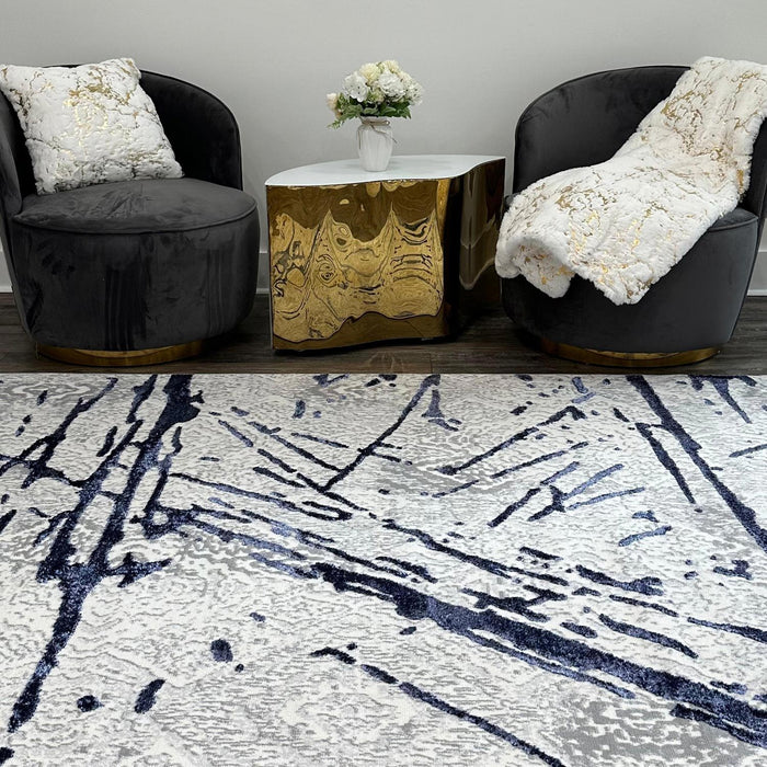 Shifra - Luxury Area Rug In Gray With Navy Blue, Abstract Design