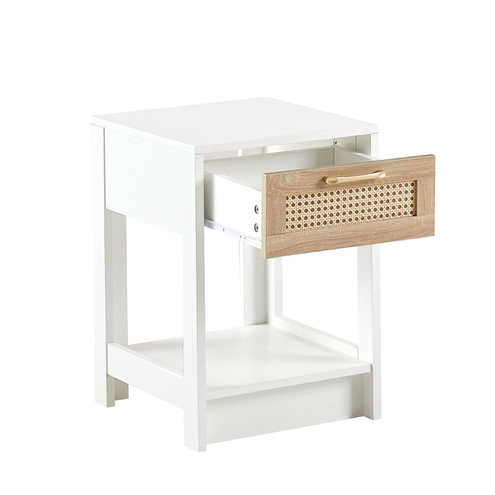 Rattan End Table With Drawer, Modern Nightstand, Side Table For Living Roon, Bedroom, White
