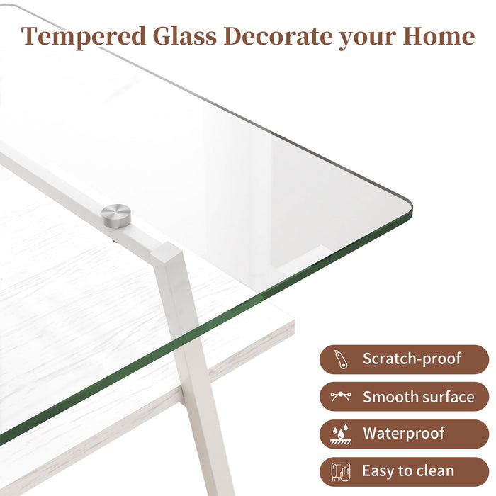 Rectangle Coffee Table, Tempered Glass Tabletop With White Metal Legs, Modern Table For Living Room, Transparent Glass