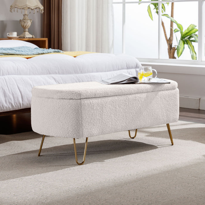 Ivory White Storage Ottoman Bench For End Of Bed Gold Legs, Modern Ivory White Faux Fur Entryway Bench Upholstered Padded With Storage For Living Room Bedroom