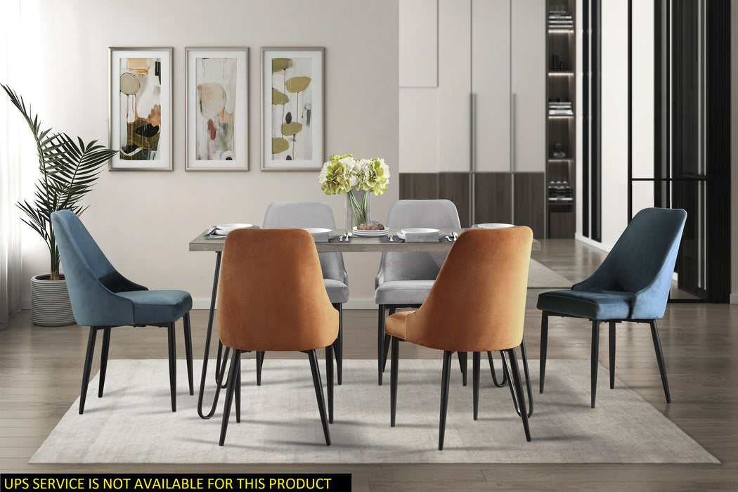 Modern Sleek Design 7 Pieces Dining Set Table And 6 Side Chairs Blue Orange Gray Velvet Upholstered Metal Frame Stylish Dining Furniture