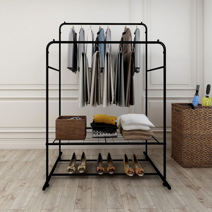 Garment Rack Freestanding Hanger Double Rods Multi Functional Bedroom Clothing Rack - Black