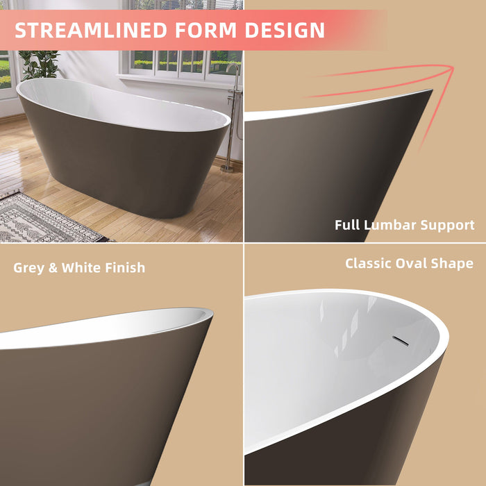 Acrylic Freestanding Bathtub, Matte Grey Modern Stand Alone Soaking Bathtub, Brushed Nickel Drain And Minimalist Linear Design Overflow Included Easy To Install