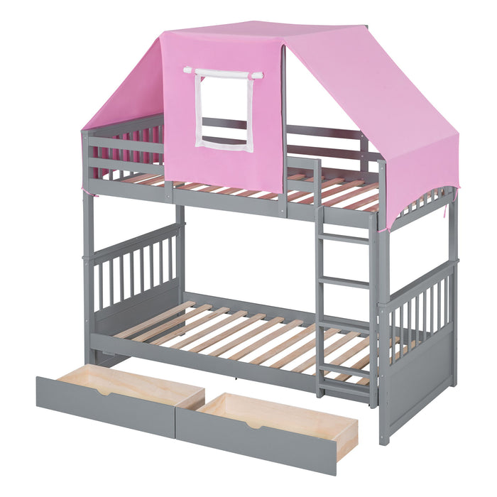 Twin Over Twin Bunk Bed Wood Bed With Tent And Drawers, Gray / Pink Tent