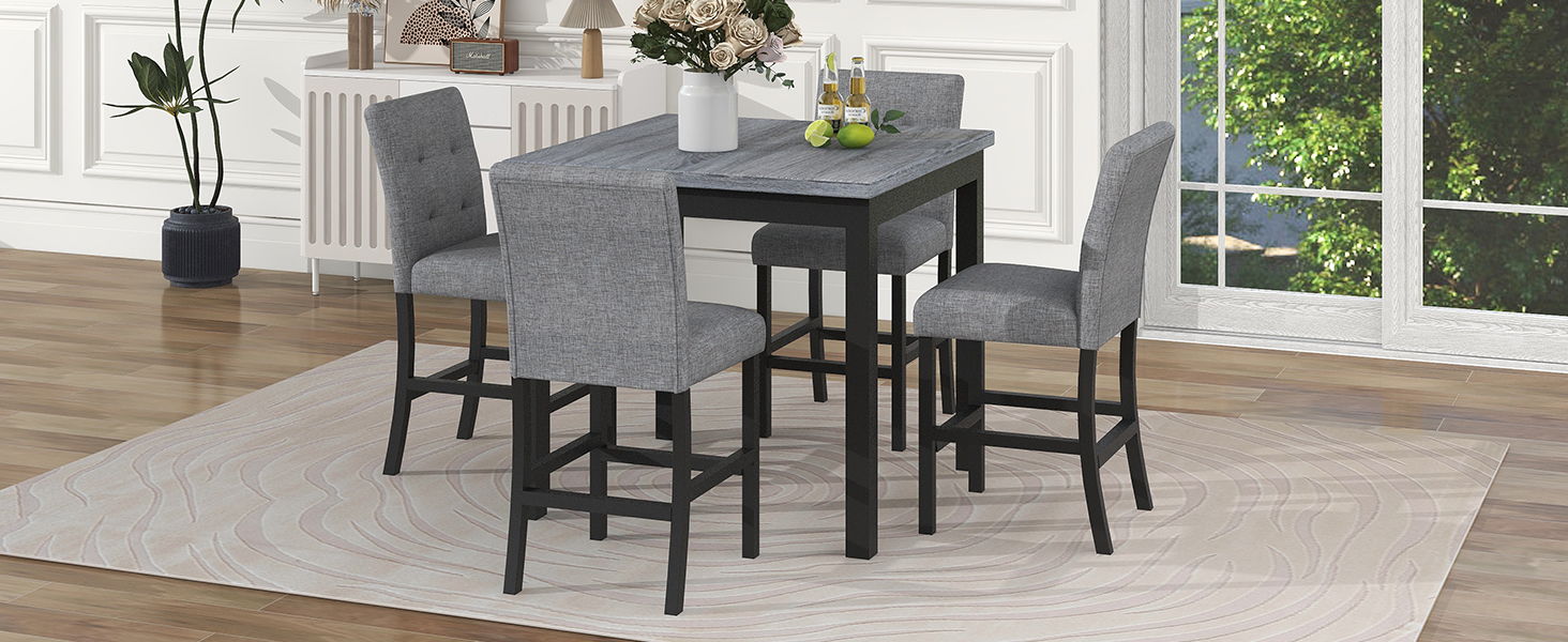 Top max 5 Piece Counter Height Dining Set Wood Square Dining Room Table And Chairs Stools With Footrest & 4 Upholstered High-Back Chairs, Black