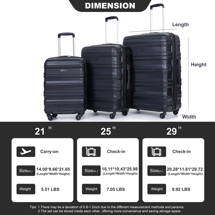 3 Piece Luggage Sets Piece Lightweight & Durable Expandable Suitcase With Two Hooks, Spinner Wheels, Tsa Lock, (21 / 25 / 29) Black