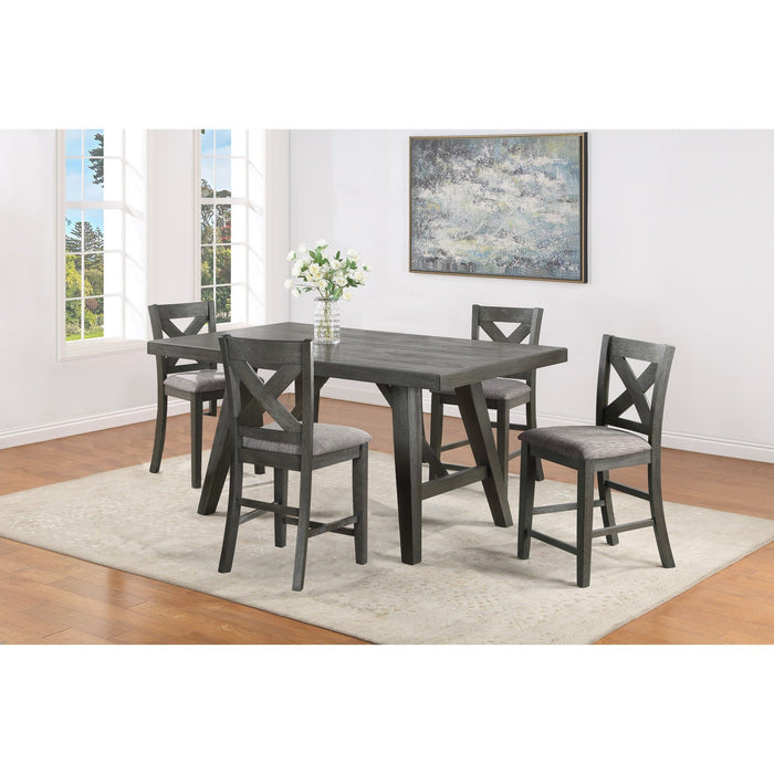 5 Pieces Transitional Farmhouse Counter Height Dining Set Rectangular Table Upholstered Chairs Dark Finish Wooden Solid Wood Dining Room Furniture Gray