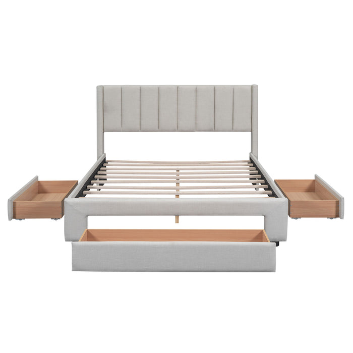 Queen Size Upholstered Platform Bed With One Large Drawer In The Footboard And Drawer On Each Side, Beige