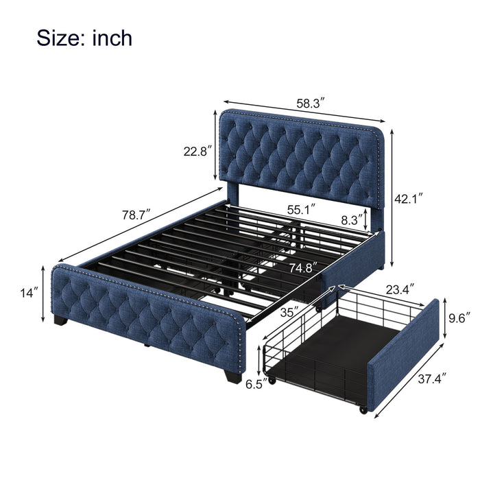 Upholstered Platform Bed Frame With Four Drawers, Button Tufted Headboard And Footboard Sturdy Metal Support, No Box Spring Required, Blue, Full