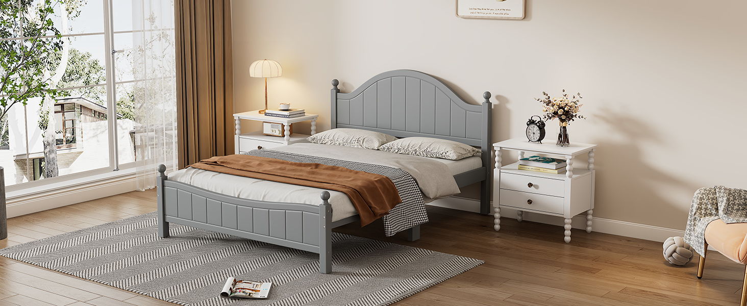 Traditional Concise Style Gray Solid Wood Platform Bed, No Need Box Spring, Full