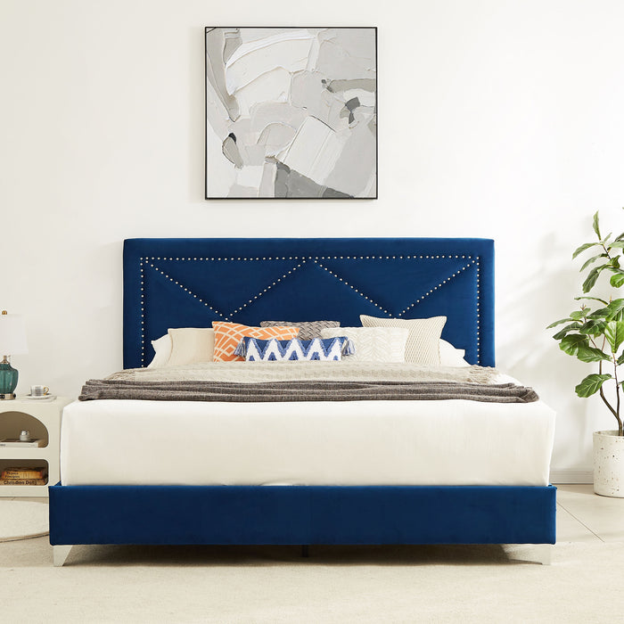 B109 King Bed .Beautiful Brass Studs Adorn The Headboard, Strong Wooden Slats And Metal Legs With Electroplate - Blue