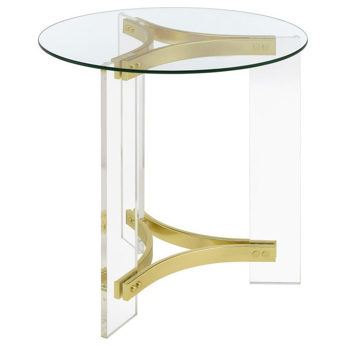 Janessa - Round Glass Top End Table With Acrylic Legs - Clear And Matte Brass