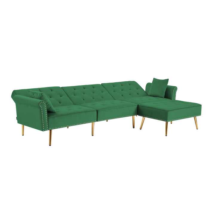 Modern Velvet Upholstered Reversible Sectional Sofa Bed, L-Shaped Couch With Movable Ottoman And Nailhead Trim For Living Room (Green)