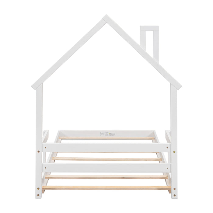 Twin House - Shaped Headboard Floor Bed With Handrails, Slats, White