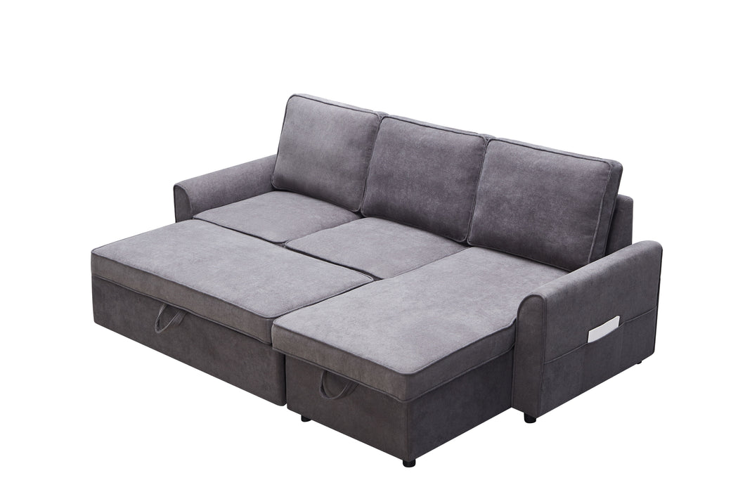 Mgea Modern Modular Shaped Sofa Bed With Chaise Longue, Reversible Sofa Bed With Pull Out Bed And Storage, 4 Seat Linen Fabric Convertible Sofa For Living Room Dark Gray