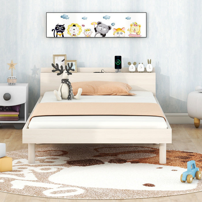 Modern Design Twin Size Platform Bed Frame With Headboard Of White Color