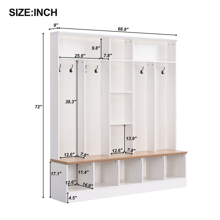 On-Trend Wide Design Hall Tree With Storage Bench, Minimalist Shoe Cabinet With Cube Storage & Shelves, Multifunctional Coat Rack With 8 Hooks For Entryways, Mudroom, White