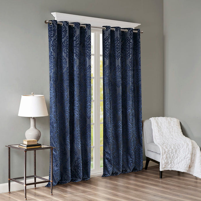 Knitted Jacquard Damask Total Blackout Grommet Top Curtain Panel In Navy