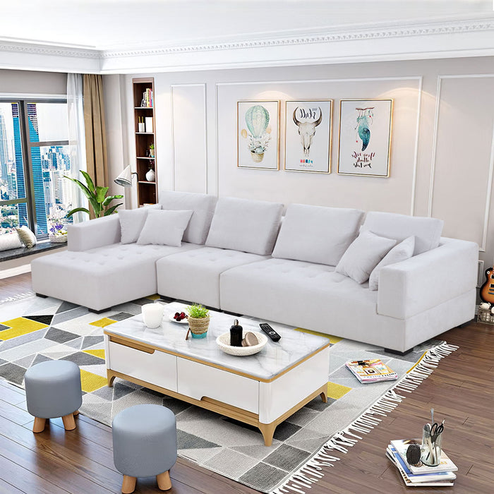 134'' Mid-Century Modern Sofa L-Shape Sectional Sofa Couch Left Chaise For Living Room, Beige