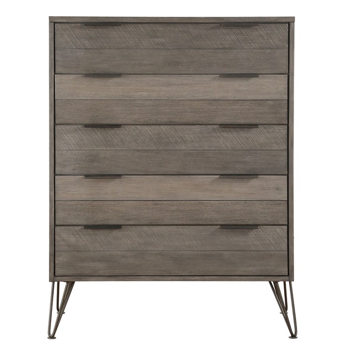 Contemporary Three Tone Gray Finish Chest Of Drawers Perched Atop Metal Legs Acacia Veneer Modern Bedroom Furniture