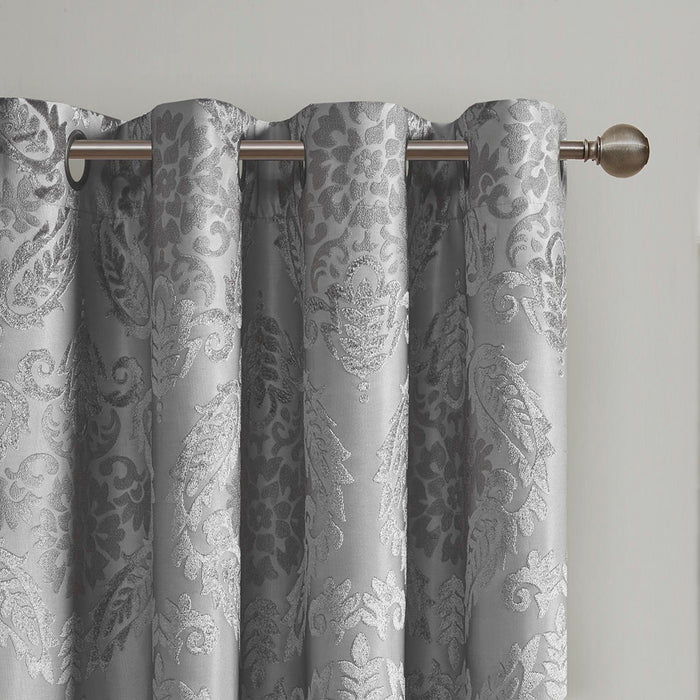 Knitted Jacquard Paisley Total Blackout Grommet Top Curtain Panel In Grey