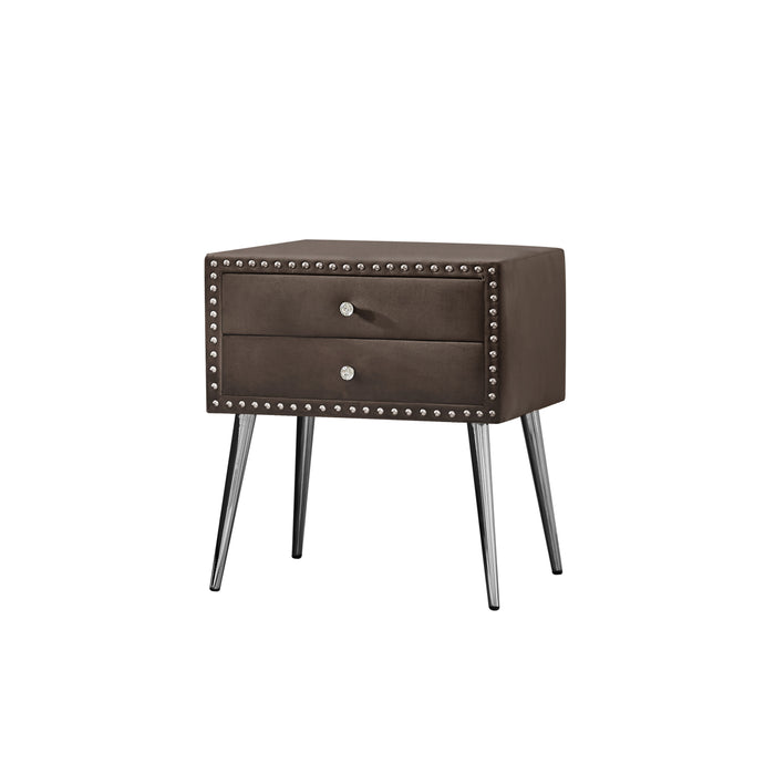 B109 - Ta Upholstered In Durable 100% Brown Velvet Nightstand Classic Silver Rivet Elegant Button Tufted Design With Two Drawer And Metal Legs
