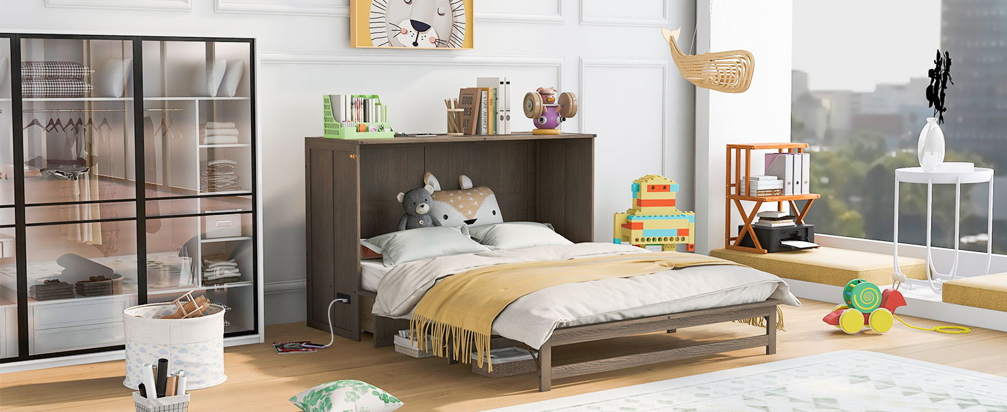 Queen Size Murphy Bed With Built-In Charging Station, Antique Gray