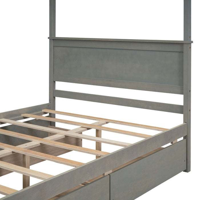 Wood Canopy Bed With Four Drawers, Full Size Canopy Platform Bed With Support Slats .No Box Spring Needed, Brushed Gray