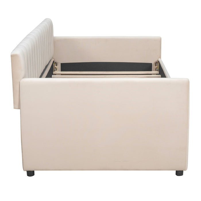 Twin Size Upholstered Daybed With Drawers, Wood Slat Support, Beige