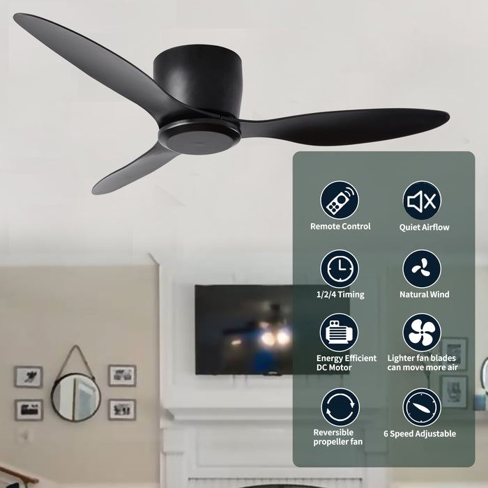 52" Ceiling Fan With Remote Control, Ceiling Fans Outdoor/Indoor With 6 Speeds Reversible Dc Motor Ceiling Fans No Lights Modern For Kitchen, Bedroom, Living Room, Farmhouse, Patios (Black)