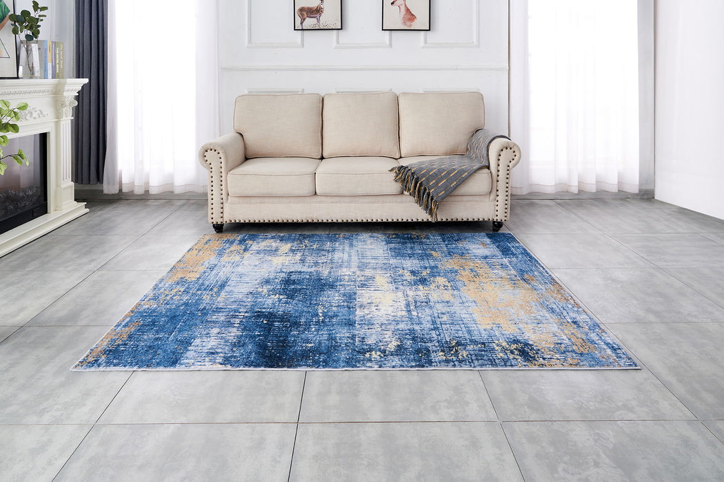 Zara Collection Area Rug Abstract Design Blue Gold Machine Washable Super Soft