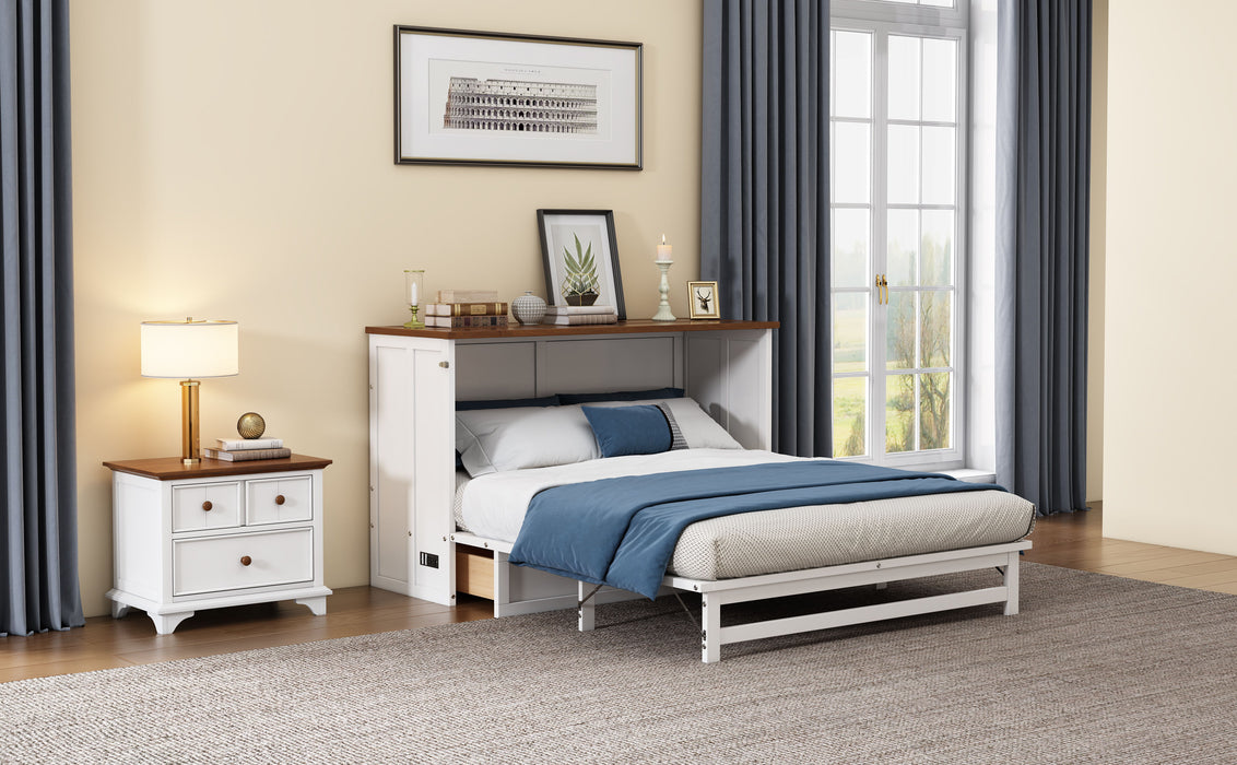 2 Pieces Wooden Bedroom Set Queen Murphy Bed And Nightstand, White / Walnut