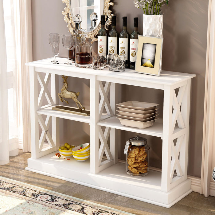 Trexm Console Table With 3 Tier Open Storage Spaces And "X" Legs, Narrow Sofa Entry Table For Living Room (White)