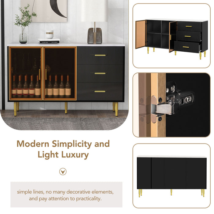 Trexm Modern Sideboard Mdf Buffet Cabinet Marble Sticker Tabletop And Amber-Yellow Tempered Glass Doors With Gold Metal Legs & Handles (Black)