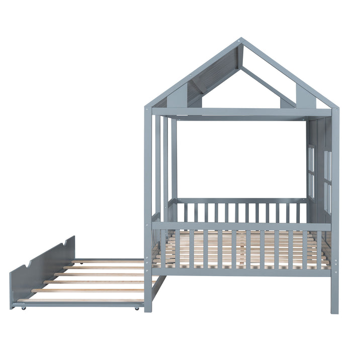 Full Size Wood House Bed With Twin Size Trundle Daybed - Gray