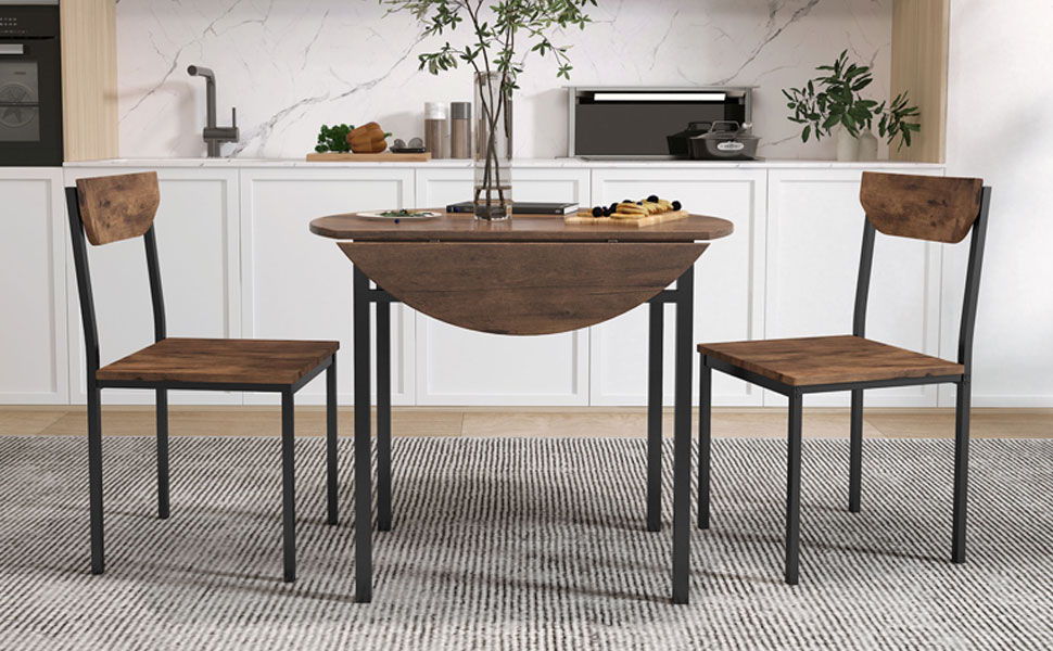 Topmax Modern 3 Piece Round Dining Table Set With Drop Leaf And 2 Chairs For Small Places, Black Frame / Rustic Brown Finish