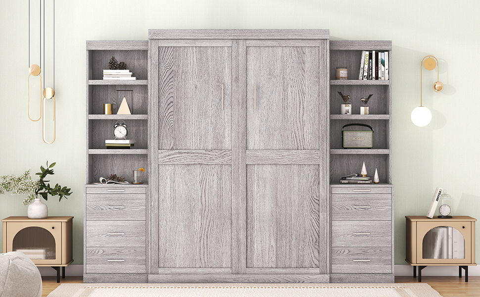 Full Size Murphy Bed With Storage Shelves And Drawers, Gray