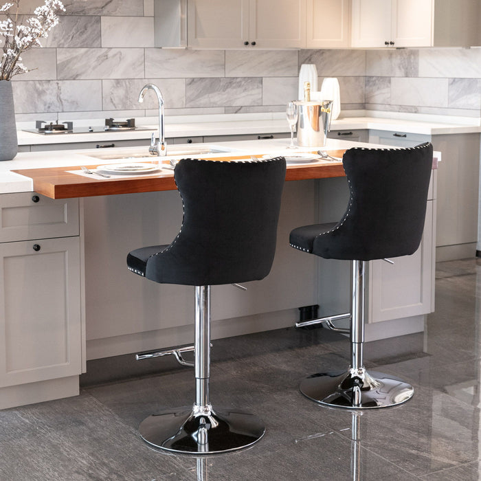 Swivel Velvet Barstools AdjUSAtble Seat Height From 25 - 33", Modern Upholstered Chrome Base Bar Stools With Backs Comfortable Tufted For Home Pub And Kitchen Island (Black, (Set of 2)