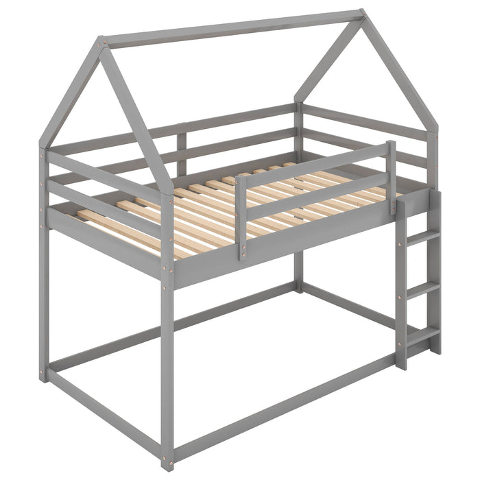 Twin Over Twin Low Bunk Bed, House Bed With Ladder, Gray