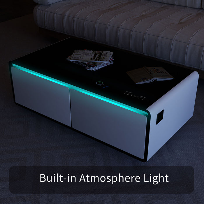 Modern Smart Coffee Table With Built - In Fridge, Bluetooth Speaker, Wireless Charging Module, Touch Control Panel, Power Socket, USB Interface, Outlet Protection, Atmosphere Light, White