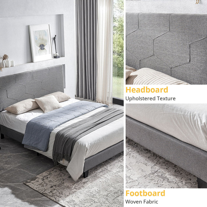 Queen Size Upholstered Platform Bed Frame, Wood Slat Support - Gray